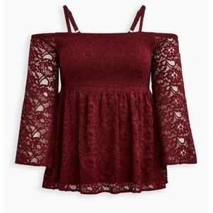 Babydoll Lace Smocked Cold Shoulder Top